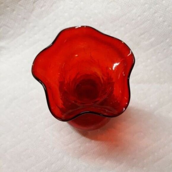 Vintage Red Rainbow Glass Bud Vase Ruffled Rim Crackle  5" x 3" - Picture 3 of 4